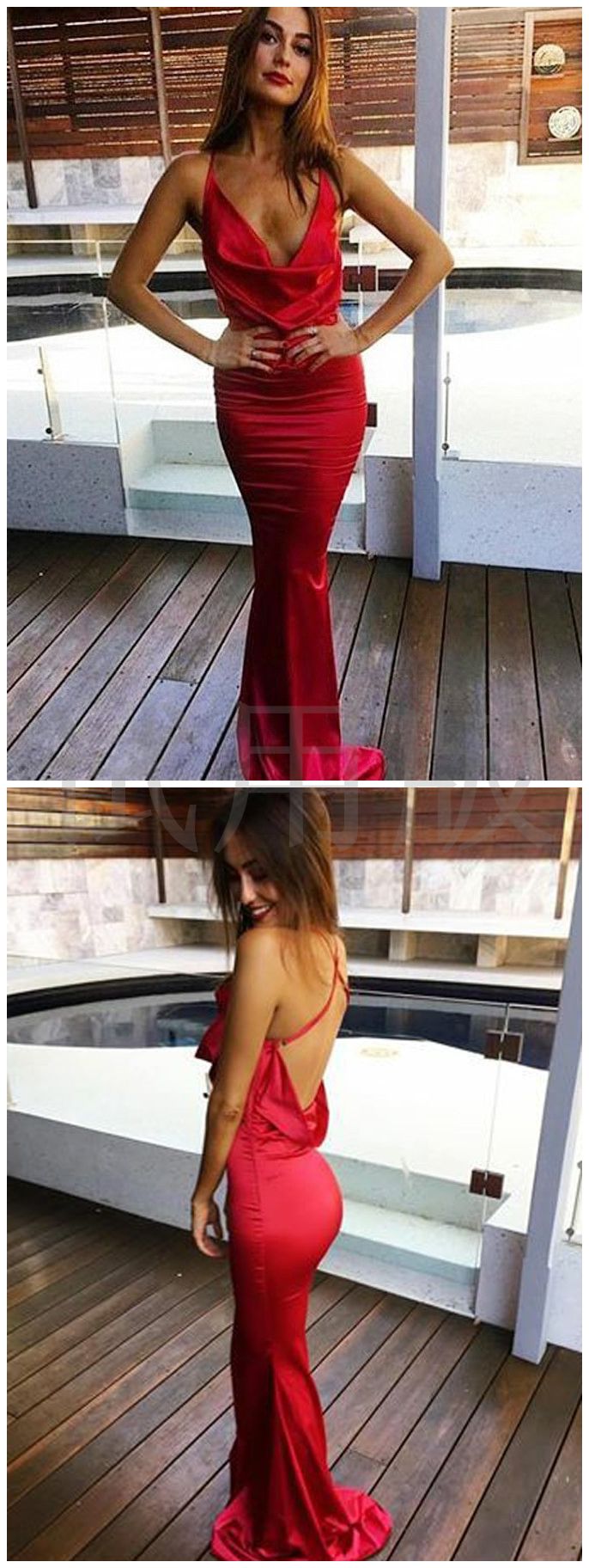 spaghetti straps red formal mermaid sexy backless long evening dress,HO196