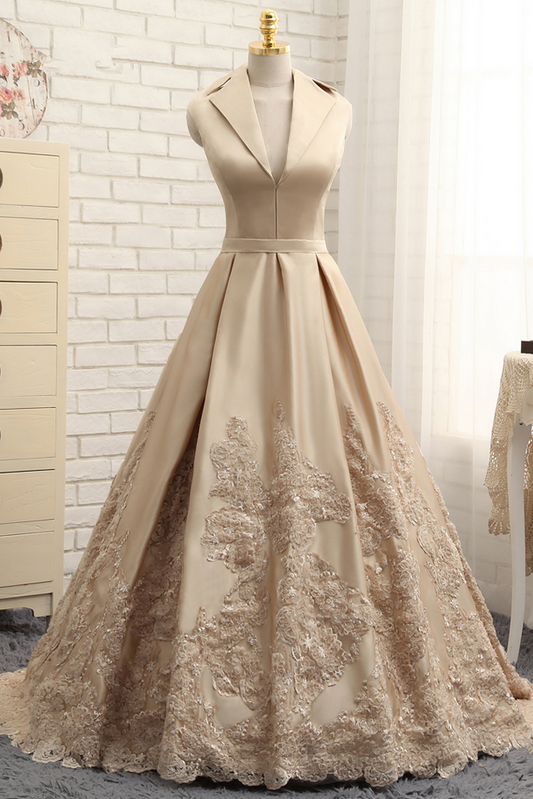 Gold V Neck Long Prom Dress, Formal A Line Evening Dress, BO01