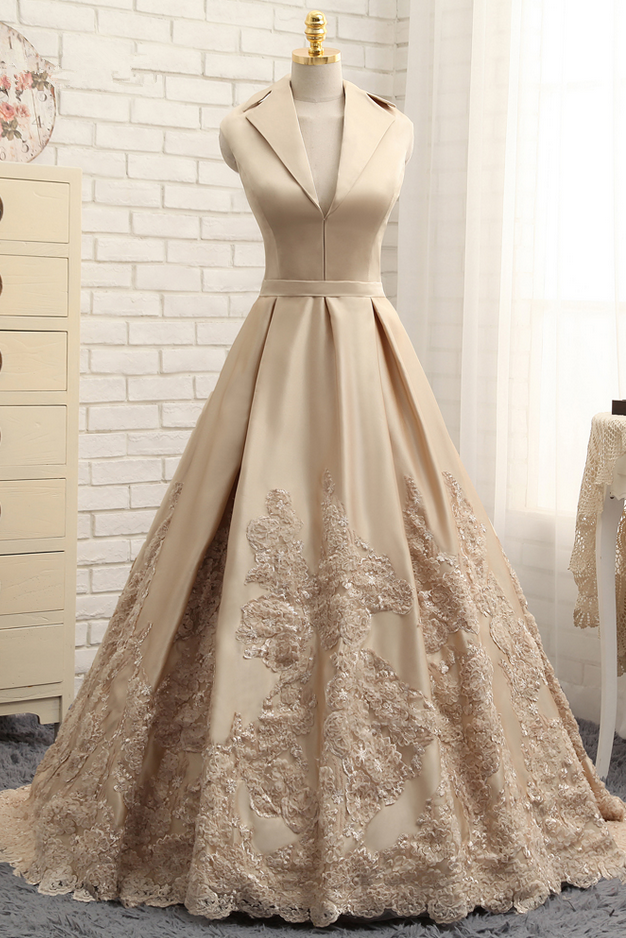 Gold V Neck Long Prom Dress, Formal A Line Evening Dress